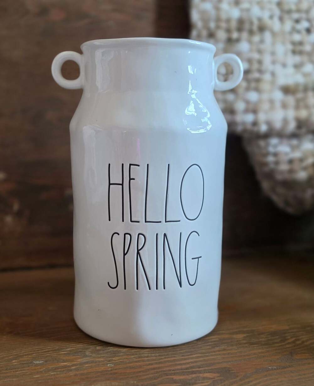 Rae Dunn Hello Spring Loop Handle Ceramic Milk Can Vase White